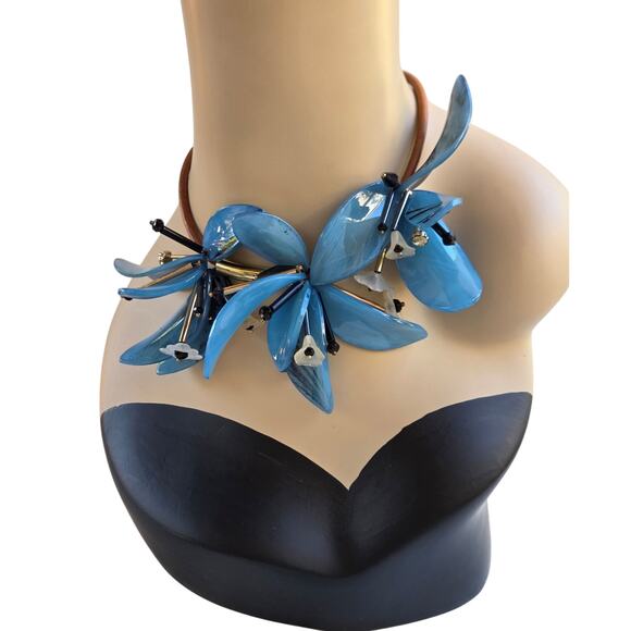Blue Orchid Floral Statement Necklace – Chunky Movable Petals Adjustable - Picture 1 of 16